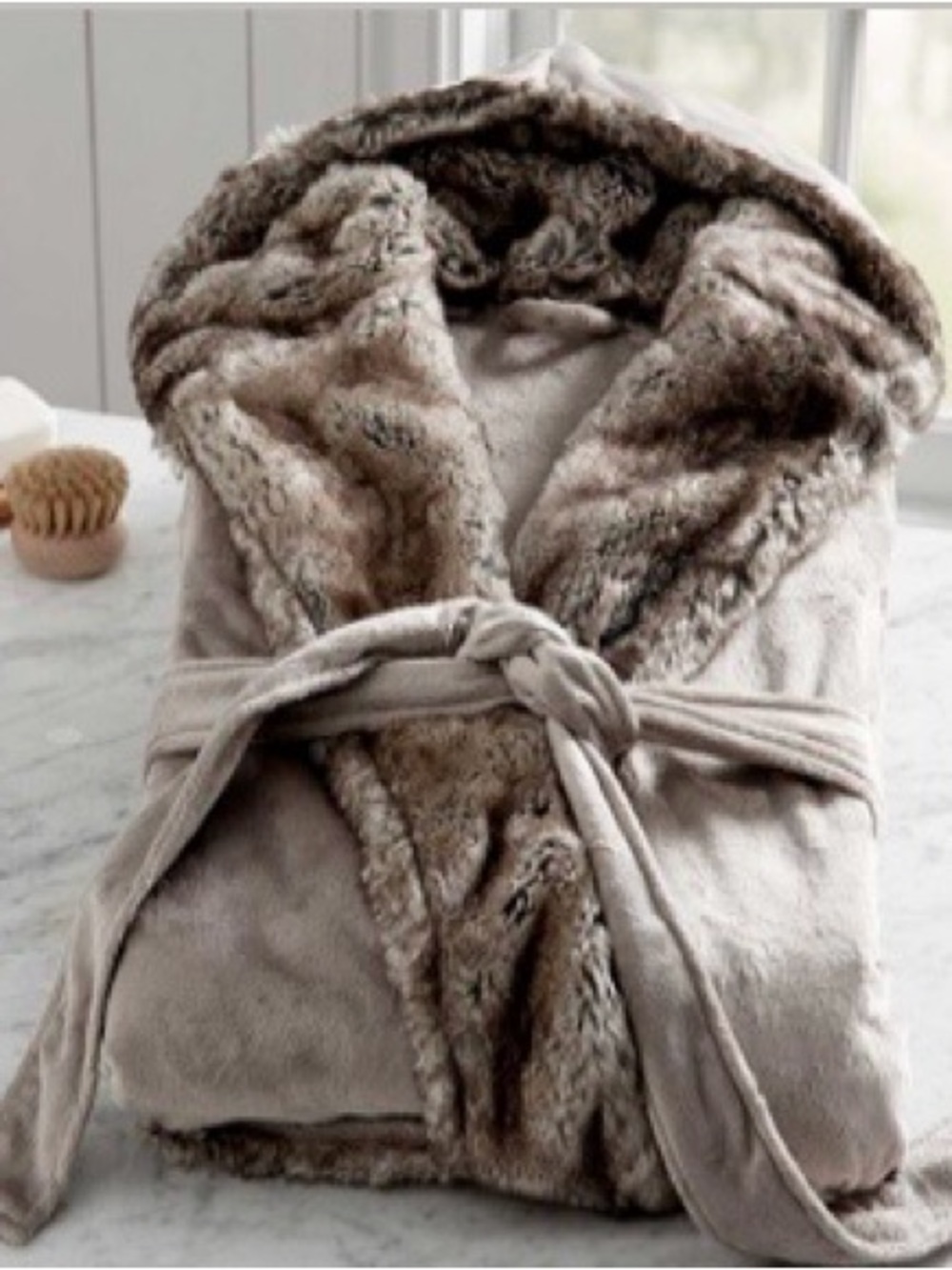 Pottery Barn Grey Faux Fur Hooded Robe